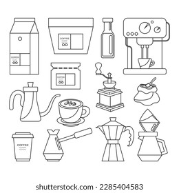 Alternative coffee brewing methods and tools. Set of coffee machine, geyser, utensils, filter, cup, kettle icon. Hand drawn isolated on background elements for cafe, menu, coffee shop in outline style