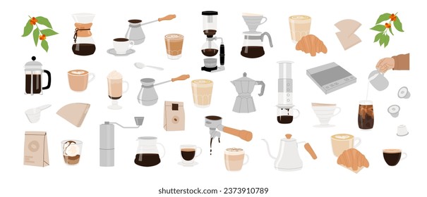 Alternative coffee brewing methods and tools modern hand drawn graphics. Set of coffee utensils, breakfast composition colored icon. Vector flat style isolated elements for cafe, menu, coffee shop.