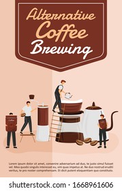 Alternative coffee brewing poster flat vector template. Filter and pour over utensils. Brochure, booklet one page concept design with cartoon characters. Coffeehouse flyer, leaflet