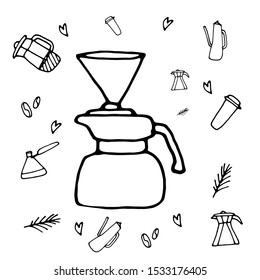 Alternative coffee maker doodle hand drawn icon on alternative coffee icons set background. Retro coffee maker machine cartoon icon. Vector hand drawn maker Illustration. Black and white ink line art