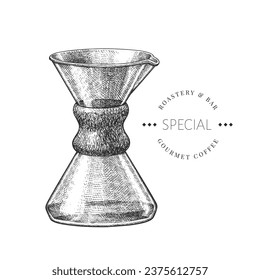 Alternative Coffee Maker Illustration. Vector Hand Drawn Isolated Glass Coffee Pot. Vintage Style Filter Coffee Maker