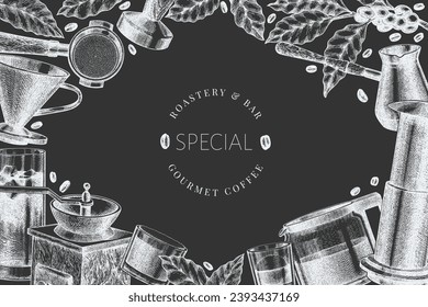 Alternative Coffee Makers Chalk Board Illustration. Vector Hand Drawn Specialty Coffee Equipment Banner. Vintage Style Coffee Bar Design 