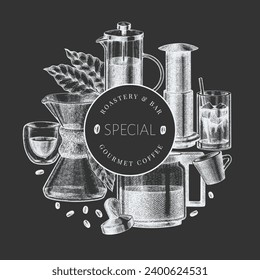 Alternative Coffee Makers Chalk Board Illustration. Vector Hand Drawn Specialty Coffee Equipment Banner. Vintage Style Coffee Bar Design 