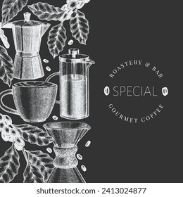 Alternative Coffee Makers Chalk Board Illustration. Vector Hand Drawn Specialty Coffee Equipment Banner. Vintage Style Coffee Bar Design 