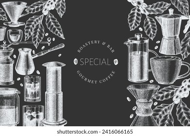 Alternative Coffee Makers Chalk Board Illustration. Vector Hand Drawn Specialty Coffee Equipment Banner. Vintage Style Coffee Bar Design 