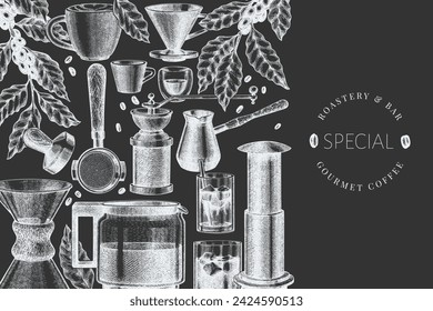 Alternative Coffee Makers Chalk Board Illustration. Vector Hand Drawn Specialty Coffee Equipment Banner. Vintage Style Coffee Bar Design 