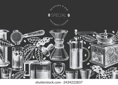 Alternative Coffee Makers Chalk Board Illustration. Vector Hand Drawn Specialty Coffee Equipment Banner. Vintage Style Coffee Bar Design 