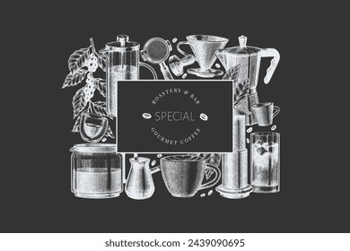 Alternative Coffee Makers Chalk Board Illustration. Vector Hand Drawn Specialty Coffee Equipment Banner. Vintage Style Coffee Bar Design 