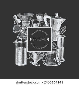 Alternative Coffee Makers Chalk Board Illustration. Vector Hand Drawn Specialty Coffee Equipment Banner. Vintage Style Coffee Bar Design 