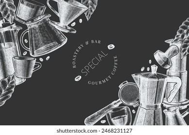 Alternative Coffee Makers Chalk Board Illustration. Vector Hand Drawn Specialty Coffee Equipment Banner. Vintage Style Coffee Bar Design 