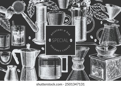 Alternative Coffee Makers Chalk Board Illustration. Vector Hand Drawn Specialty Coffee Equipment Banner. Vintage Style Coffee Bar Design 