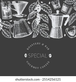 Alternative Coffee Makers Chalk Board Illustration. Vector Hand Drawn Specialty Coffee Equipment Banner. Vintage Style Coffee Bar Design 