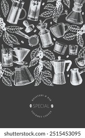 Alternative Coffee Makers Chalk Board Illustration. Vector Hand Drawn Specialty Coffee Equipment Banner. Vintage Style Coffee Bar Design 