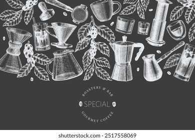 Alternative Coffee Makers Chalk Board Illustration. Vector Hand Drawn Specialty Coffee Equipment Banner. Vintage Style Coffee Bar Design 