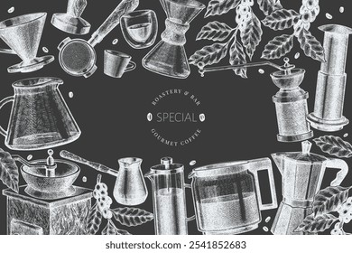 Alternative Coffee Makers Chalk Board Illustration. Vector Hand Drawn Specialty Coffee Equipment Banner. Vintage Style Coffee Bar Design 