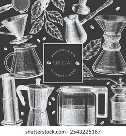 Alternative Coffee Makers Chalk Board Illustration. Vector Hand Drawn Specialty Coffee Equipment Banner. Vintage Style Coffee Bar Design 