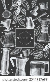 Alternative Coffee Makers Chalk Board Illustration. Vector Hand Drawn Specialty Coffee Equipment Banner. Vintage Style Coffee Bar Design 