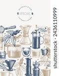 Alternative Coffee Makers Illustration. Vector Hand Drawn Specialty Coffee Equipment Banner. Vintage Style Coffee Bar Design 