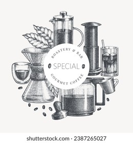 Alternative Coffee Makers Illustration. Vector Hand Drawn Specialty Coffee Equipment Banner. Vintage Style Coffee Bar Design 