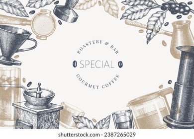 Alternative Coffee Makers Illustration. Vector Hand Drawn Specialty Coffee Equipment Banner. Vintage Style Coffee Bar Design 