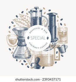 Alternative Coffee Makers Illustration. Vector Hand Drawn Specialty Coffee Equipment Banner. Vintage Style Coffee Bar Design 