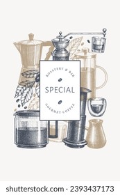 Alternative Coffee Makers Illustration. Vector Hand Drawn Specialty Coffee Equipment Banner. Vintage Style Coffee Bar Design 