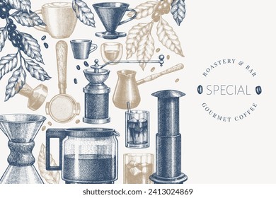 Alternative Coffee Makers Illustration. Vector Hand Drawn Specialty Coffee Equipment Banner. Vintage Style Coffee Bar Design 