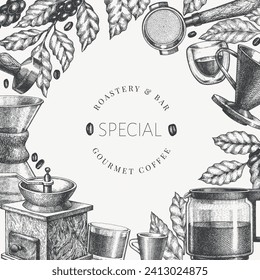 Alternative Coffee Makers Illustration. Vector Hand Drawn Specialty Coffee Equipment Banner. Vintage Style Coffee Bar Design 