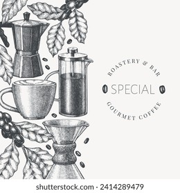 Alternative Coffee Makers Illustration. Vector Hand Drawn Specialty Coffee Equipment Banner. Vintage Style Coffee Bar Design 