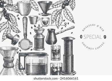 Alternative Coffee Makers Illustration. Vector Hand Drawn Specialty Coffee Equipment Banner. Vintage Style Coffee Bar Design 