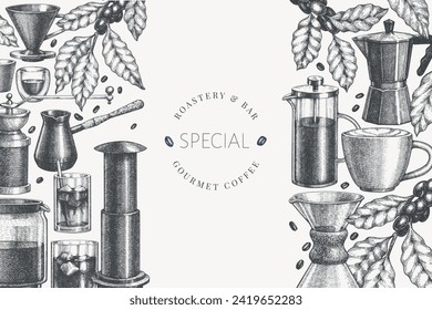 Alternative Coffee Makers Illustration. Vector Hand Drawn Specialty Coffee Equipment Banner. Vintage Style Coffee Bar Design 