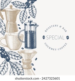 Alternative Coffee Makers Illustration. Vector Hand Drawn Specialty Coffee Equipment Banner. Vintage Style Coffee Bar Design 