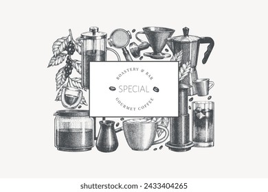 Alternative Coffee Makers Illustration. Vector Hand Drawn Specialty Coffee Equipment Banner. Vintage Style Coffee Bar Design 