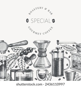 Alternative Coffee Makers Illustration. Vector Hand Drawn Specialty Coffee Equipment Banner. Vintage Style Coffee Bar Design 