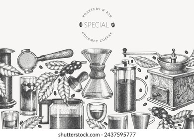 Alternative Coffee Makers Illustration. Vector Hand Drawn Specialty Coffee Equipment Banner. Vintage Style Coffee Bar Design 