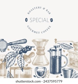 Alternative Coffee Makers Illustration. Vector Hand Drawn Specialty Coffee Equipment Banner. Vintage Style Coffee Bar Design 