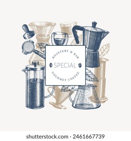 Alternative Coffee Makers Illustration. Vector Hand Drawn Specialty Coffee Equipment Banner. Vintage Style Coffee Bar Design 