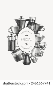 Alternative Coffee Makers Illustration. Vector Hand Drawn Specialty Coffee Equipment Banner. Vintage Style Coffee Bar Design 