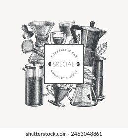 Alternative Coffee Makers Illustration. Vector Hand Drawn Specialty Coffee Equipment Banner. Vintage Style Coffee Bar Design 