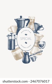 Alternative Coffee Makers Illustration. Vector Hand Drawn Specialty Coffee Equipment Banner. Vintage Style Coffee Bar Design 