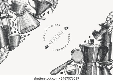 Alternative Coffee Makers Illustration. Vector Hand Drawn Specialty Coffee Equipment Banner. Vintage Style Coffee Bar Design 