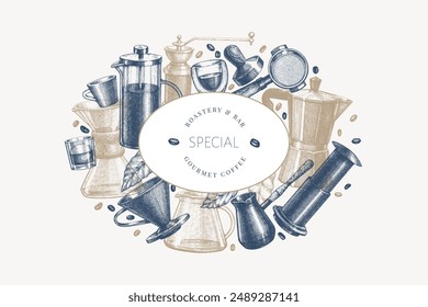 Alternative Coffee Makers Illustration. Vector Hand Drawn Specialty Coffee Equipment Banner. Vintage Style Coffee Bar Design 