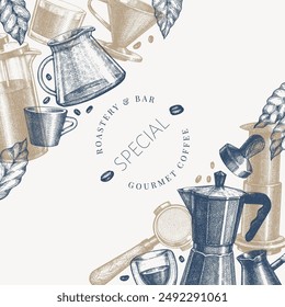 Alternative Coffee Makers Illustration. Vector Hand Drawn Specialty Coffee Equipment Banner. Vintage Style Coffee Bar Design 