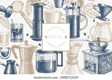 Alternative Coffee Makers Illustration. Vector Hand Drawn Specialty Coffee Equipment Banner. Vintage Style Coffee Bar Design 