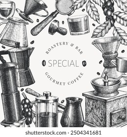 Alternative Coffee Makers Illustration. Vector Hand Drawn Specialty Coffee Equipment Banner. Vintage Style Coffee Bar Design 