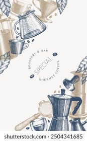 Alternative Coffee Makers Illustration. Vector Hand Drawn Specialty Coffee Equipment Banner. Vintage Style Coffee Bar Design 