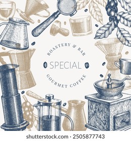 Alternative Coffee Makers Illustration. Vector Hand Drawn Specialty Coffee Equipment Banner. Vintage Style Coffee Bar Design 