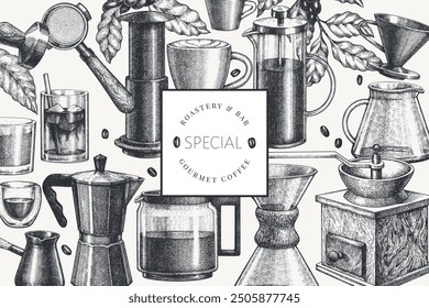 Alternative Coffee Makers Illustration. Vector Hand Drawn Specialty Coffee Equipment Banner. Vintage Style Coffee Bar Design 