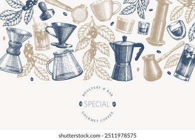 Alternative Coffee Makers Illustration. Vector Hand Drawn Specialty Coffee Equipment Banner. Vintage Style Coffee Bar Design 