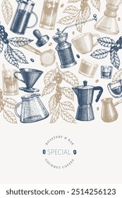 Alternative Coffee Makers Illustration. Vector Hand Drawn Specialty Coffee Equipment Banner. Vintage Style Coffee Bar Design 